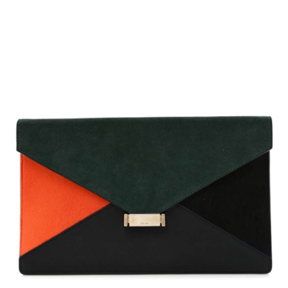 Celine Calfskin Suede Pony Hair Tri-Color Diamond Clutch Green